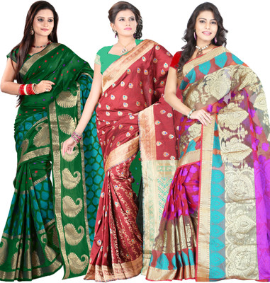 

It's Banii Woven Banarasi Handloom Banarasi Silk Saree(Pack of 3, Green, Red, Pink), Green;pink;red