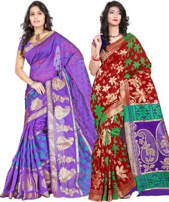 

It's Banii Woven Banarasi Handloom Banarasi Silk Saree(Pack of 2, Purple, Red)