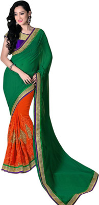 Khushali Self Design, Embroidered Fashion Georgette Saree(Green, Orange, Purple)