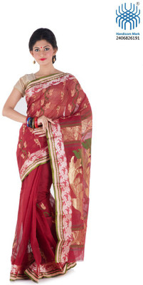 

Tantuja Woven Tangail Handloom Cotton Saree(Red)