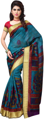 

JTInternational Printed Fashion Handloom Art Silk Saree(Multicolor), Blue;gold