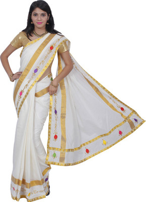 

Fashionkiosks Embroidered Fashion Handloom Cotton Saree(White), White gold