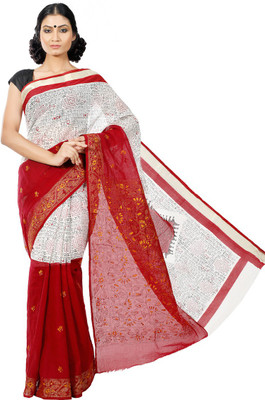 

Crochetin Self Design Tangail Handloom Cotton Saree(Maroon, White), Maroon and white in elegant