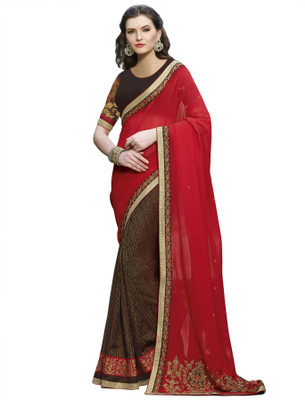 

Khushali Self Design, Embroidered, Embellished Fashion Jacquard, Georgette Saree(Red, Brown), Brown;red