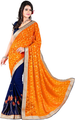 

Khoobee Embroidered Fashion Georgette Saree(Dark Blue, Orange)