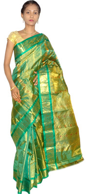 

Mahaveersilkcreations Woven Kanjivaram Handloom Silk Saree(Light Green), Bright rexona