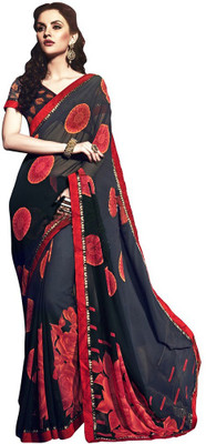 

Desi Butik Printed Fashion Georgette Saree(Black, Red), Black and red