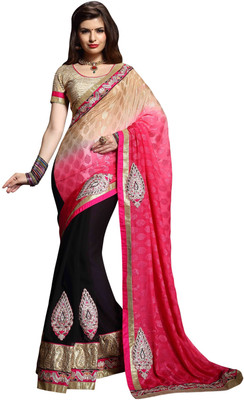 

Jiya Self Design, Embroidered, Embellished Fashion Georgette, Silk, Jacquard Saree(Beige, Pink, Black), Beige;black;pink