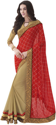 

Desi Butik Embroidered Fashion Georgette Saree(Red, Beige), Beige;red