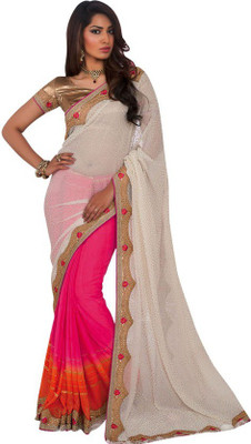 

Kintu Designs Pvt. Ltd. Solid Fashion Chiffon Saree(Multicolor), Cream;pink