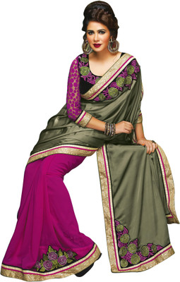 

Khoobee Self Design, Embroidered, Embellished Fashion Georgette, Satin Saree(Pink, Green, Black), Black;green;pink