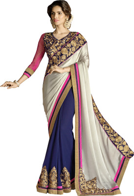 

Khushali Self Design, Embroidered, Embellished Fashion Georgette, Satin Saree(White, Dark Blue, Pink), Dark blue;pink;white