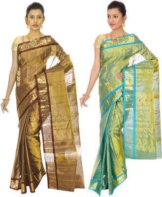 

Mahaveersilkcreations Woven Kanjivaram Pure Silk Saree(Pack of 2, Multicolor), Multi