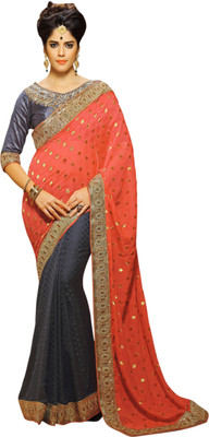 

Parisha Embroidered Fashion Georgette, Jacquard Saree(Orange, Grey), Grey;orange