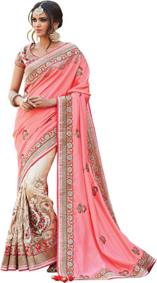 

Brijraj Embellished Fashion Georgette, Jacquard, Silk Saree(White, Orange), Orange;white