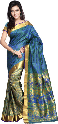 Varkala Silk Sarees Woven Kanjivaram Saree(Blue, Green), Royal blue