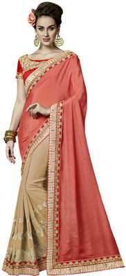 

Desi Butik Embroidered Fashion Crepe, Chiffon Saree(Pink, Beige), Beige;pink