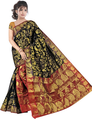 

JagannathSaree Self Design Fashion Silk Saree(Black, Red