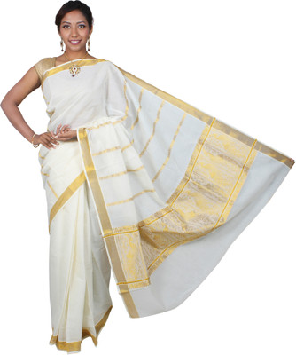 Selvamani Tex Self Design Bollywood Cotton Blend Saree(White)