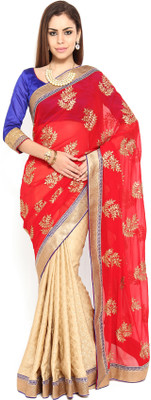 

Soch Self Design, Solid Fashion Chiffon Saree(Red, Beige, Gold)