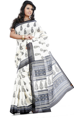 

JTInternational Printed Bhagalpuri Silk Saree(White, Black), Black;white