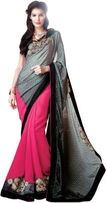 

Desi Butik Embroidered Fashion Georgette Saree(Pink, Grey), Pink and grey