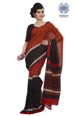 

Tantuja Geometric Print Tant Handloom Pure Georgette Saree(Red, Black), Black;red