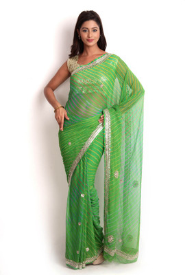 

Kasturi-B Swadeshi Karigari Striped Leheria Georgette Saree(Green