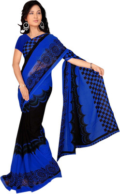

Khoobee Printed Fashion Georgette Saree(Blue, Black), Black;blue