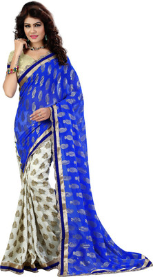 

Fashiondeal Solid Fashion Jacquard Saree(Blue, White)