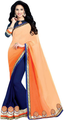 

Desi Butik Embroidered Fashion Georgette Saree(Blue, Orange), Blue and peach