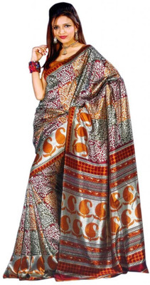 Sunaina Printed Silk Saree(Orange, Silver-orange
