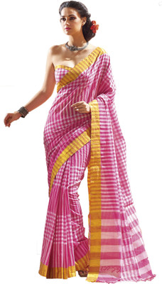 

M.S.Retail Checkered Fashion Cotton Saree(Pink)