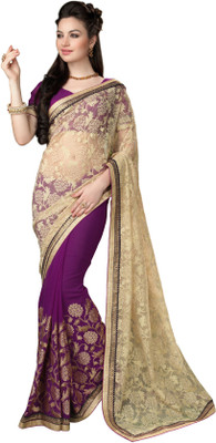 

Khushali Self Design, Embroidered, Embellished Fashion Georgette Saree(Beige, Purple)