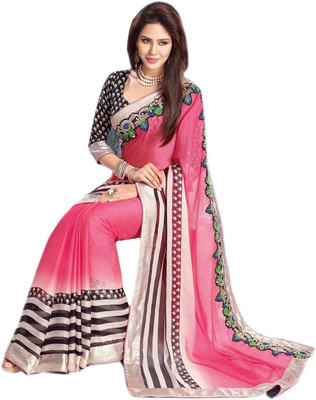 

Vandv Shop Printed Fashion Handloom Georgette Saree(Black), Black;pink;white