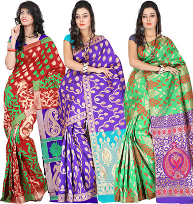 

It's Banii Woven Banarasi Handloom Banarasi Silk Saree(Pack of 3, Red, Blue, Green), Blue;light green;red