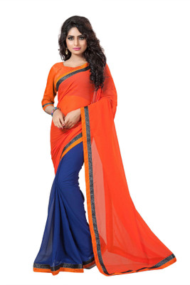 

Aai Shree Khodiyar Art Solid Bollywood Georgette Saree(Orange, Blue), Blue;orange