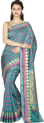 Chandrakala Woven Banarasi Silk Cotton Blend Saree(Dark Blue), Turquoise