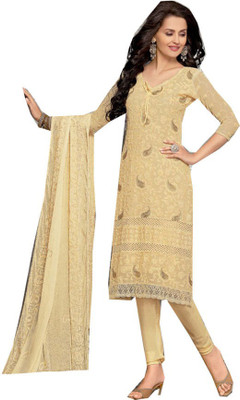 

V And V Shop Chiffon Embroidered Semi-stitched Salwar Suit Dupatta Material, Cream