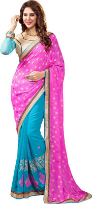 

Manthan Embroidered Fashion Georgette, Jacquard Saree(Pack of 2, Pink, Light Blue), Pink & sky blue