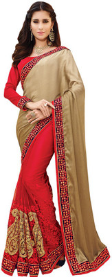 

Desi Butik Embroidered Fashion Georgette, Net Saree(Red, Beige), Red and beige