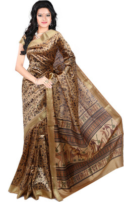 

Roopkala Silks Printed Fashion Silk Saree(Gold), Cream