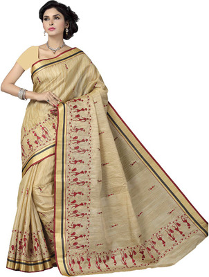 

Rani Saahiba Embroidered Bhagalpuri Art Silk Saree(Beige), Red
