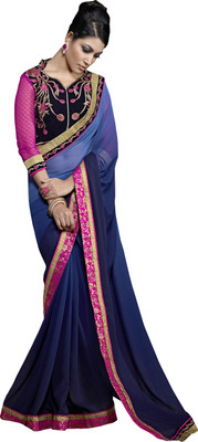 

Khoobee Self Design, Embroidered Fashion Georgette Saree(Dark Blue, Pink)