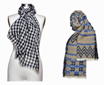 

Studio B40 Checkered, Geometric Print WOOLEN Women's Stole, Black n blue