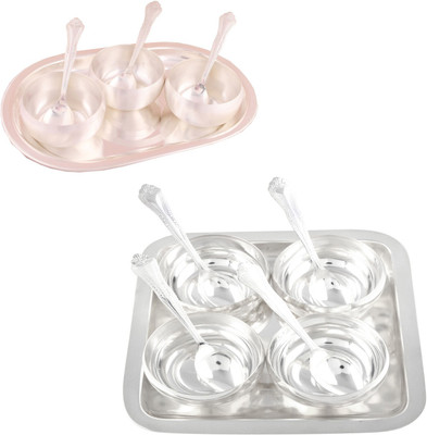 

G S Museum 3.5" Met Finish 3 Bowl Set with Oval Tray and 4 Manchurian Bowl Set with Oval Tray Bowl Spoon Tray Serving Set