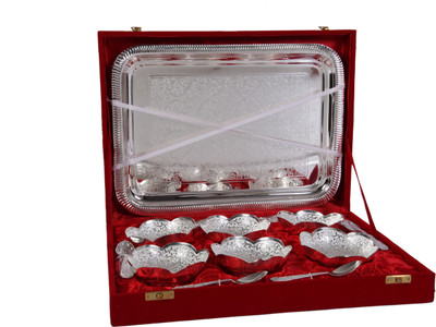 

JT International German Silver Bowl Tray Serving Set(Pack of 13)