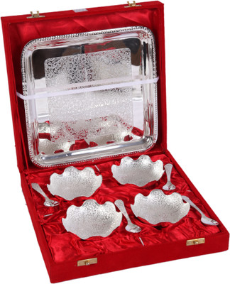 JT International German Silver Bowl Tray Serving Set(Pack of 9)