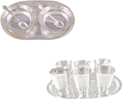 

G S Museum 2 6" Bowl with Spoon and Tray and 6 Square Met Finish Glass Set with Oval Tray Bowl Spoon Tray Serving Set