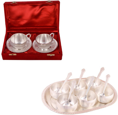 

G S Museum 2 Cup Plate Set and 3.5" Met 6 Finish Bowl Set with Oval Tray Bowl Spoon Tray Serving Set(Pack of 11)